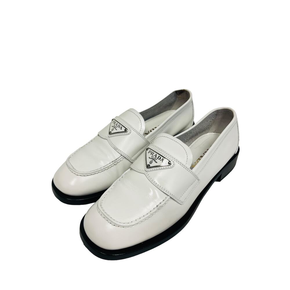 PRADA White Leather Metal Triangle Logo Slip-On Loafers Size 36.5 US 6.5 - Picture 5 of 11